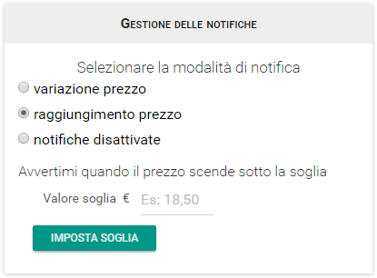 Impostazioni relative alle notifiche variazione prezzo
